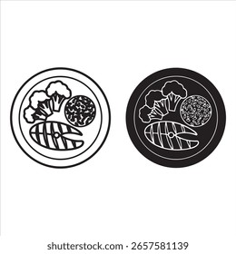 Two circular representations of a balanced meal featuring fish, broccoli, and grains.