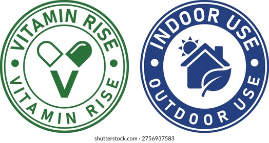 Two circular seals — one a green capsule bent into a protective V, the other a blue house embraced by a leaf and sun — small oaths that promise nourishment, shelter, and permission to rejoin the day.