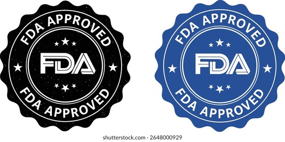 Dois selos circulares com bordas recortadas, um preto e um azul, ambos com texto branco lendo "FDA APPROVED" e estrelas brancas.