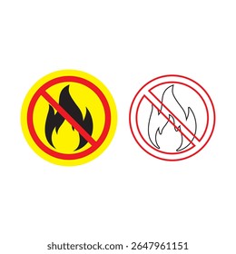 Two circular signs depict a flame crossed out, indicating a prohibition against fire. One sign features a black flame on a yellow background, while the other uses an outline.