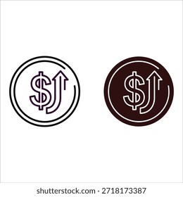 Dos signos circulares con símbolos de dólar y flechas hacia arriba en púrpura y marrón