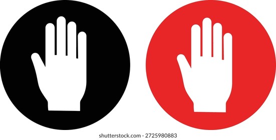 Dois sinais circulares com um símbolo de mão branca, um sobre fundo preto e um sobre fundo vermelho
