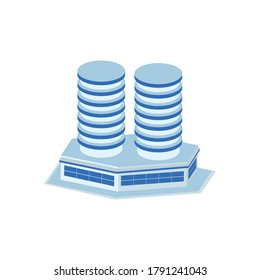 two circular tower above the hexagon industrial building - tower, apartment, urban constructions, city scape - 3d isometric building isolated on white