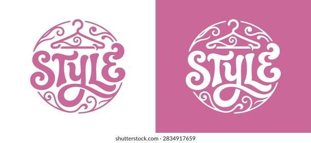 Two circular vector emblems featuring the handwritten word Style decorated with flourish elements and a clothing hanger, perfect for fashion boutique or tailor branding.