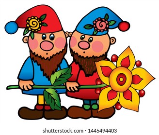 Two cite dwarfs are holding a big flower. Colored vector for card or gift. 