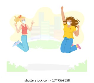 Two city girls, teen friends of different ethnicities and builds, in face masks, meeting in distance, greeting quarantine restrictions weakening. Freedom, social safety concept ethnic anime characters
