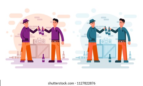 Two city guys drinking beer from bottles listening to a boombox on the street. Flat cartoon style