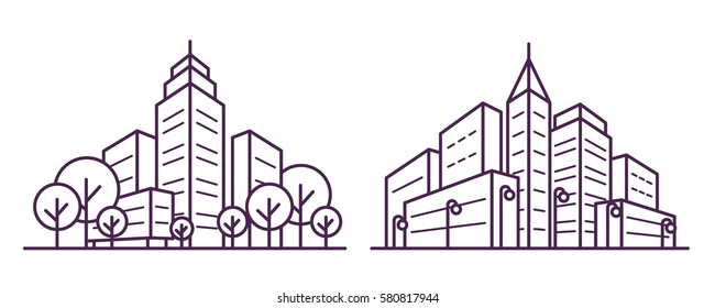 Two city landscape linear 3d illustrations with skyscrapers, buildings, towers, shops, trees and street lights. Isometric cityscape