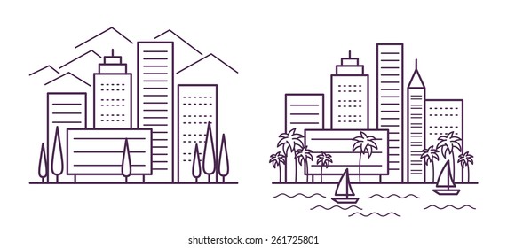 Two city landscapes line vector illustration with skyscrapers, palms, yachts, mountains and cypresses