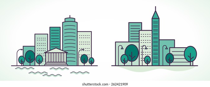 Two city landscapes line vector illustration with skyscrapers, trees, street lights and bank in green colors