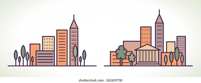 Two city landscapes line vector illustration with skyscrapers and trees in soft colors