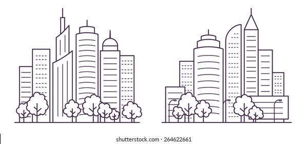 Two city landscapes line vector illustration with skyscrapers, towers and trees