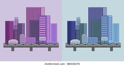 Two city landscapes line vector illustration in purple and colors with skyscrapers, towers and trees.