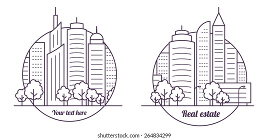 Two city landscapes linear vector illustration with skyscrapers, towers and trees. City panorama in circle
