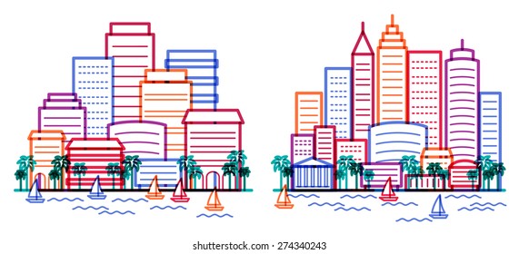 Two city landscapes with skyscrapers, towers, hotels, palms and yachts. Transparent colorful line vector illustration