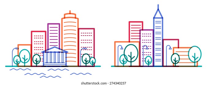 Two city landscapes with skyscrapers, trees, street lights and bank. Transparent colorful line vector illustration