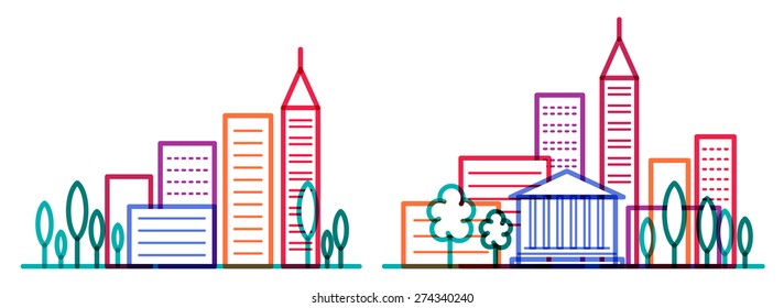 Two city landscapes with skyscrapers and trees. Transparent colorful line vector illustration