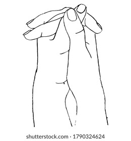 Two clasped human hands. Praying gesture. Hand drawn linear sketch. Black silhouette on white background.