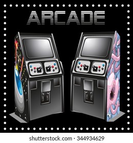 Two classic arcade machines with themes UFO space battle and monster attack