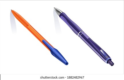 Two classic ballpoint pens, orange and blue, isometric, top view, isolated on white background.