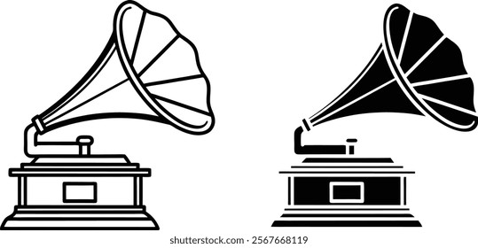 Two classic gramophone illustrations, one line art, one solid black. Showcasing vintage audio technology and musical history. Simple designs, perfect for retro themes.