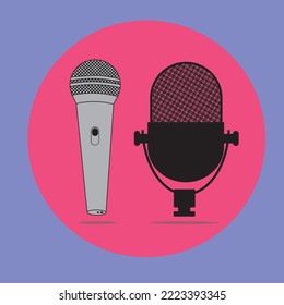 Dos micrófonos clásicos. Fondo púrpura y círculo de fucsia. Micrófono de silueta. Icono musical, micrófono. Diseño plano, ilustración vectorial