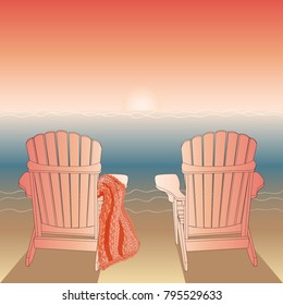 Two classic wooden outdoor chairs on the sandy beach. Knittes plaid on the chair. Evening glow and calm sea. Vector illustration.