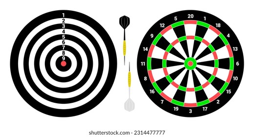 Two classical Dartboards for playing darts. Two darts black and white. Flat style. isolated vector