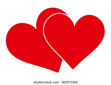 Two Classical Red Overlapping Hearts on White Background - Vector Illustration