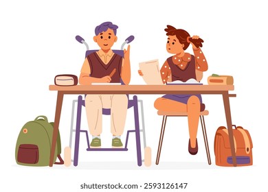 Two classmates a boy using wheelchair and a girl sitting at desk in classroom studying flat vector illustration isolated on white. Pupils sitting in pair at desk with school supplies and backpacks.