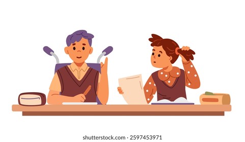 Two classmates a boy using wheelchair and a girl sitting at desk in classroom studying flat vector illustration isolated on white. 