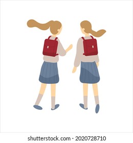 Two classmates, classfellows or friends walk to school and talk or chat.Pair of girls or female students or pupils with schoolbags dressed in uniform isolated on white background.Vector illustration