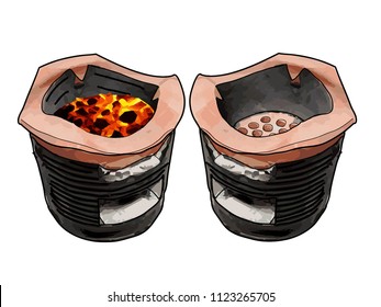 Two clay stove use coal as fuel heat. Burn from coal