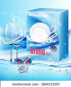 Two clean glasses  in soap foam and bubblies and packing with dishwasher detergent tabs. Realistic dishware  for dishwashing detergent advertising design. Vector