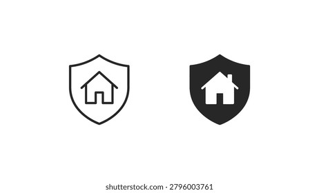 Two clean shield icons featuring a house symbol, one in white outline and the other filled in black, perfect for security, home protection, or real estate designs.