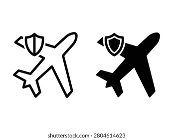 Two clean vector icons of an airplane with a shield on its wing one outlined and one solid