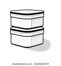 Dois contêineres limpos e brancos são empilhados, cada um delineado por contornos pretos em negrito que dão à imagem uma apresentação gráfica e clara do armazenamento organizacional.