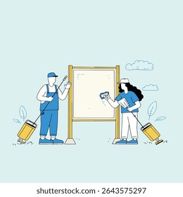 Two cleaners, a man and a woman, are cleaning a whiteboard with cleaning tools and yellow vacuum cleaners in a light blue setting.
