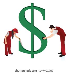 Two cleaners wiping the US Dollar sign