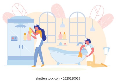 Two Cleaning Company Workers in Uniform Cleaning Bathroom Flat Cartoon Vector Illustration. Cleaning Service Concept. Characters Washing Bathtub and Shower Cabin with Rag or Washcloth.