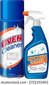 Dos botellas de productos de limpieza con etiquetas llamativas, colores brillantes y reflejos sobre fondo blanco