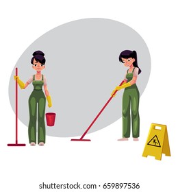 Two cleaning service girls, charwomen in overalls using mops and bucket, wet floor sign, cartoon vector illustration with space for text. Cleaning service girls in uniforms washing floor