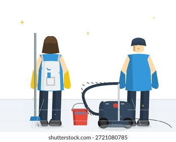 Two cleaning workers stand ready with tools in a bright space. One holds a mop with a bucket nearby, while the other uses a cleaning machine.