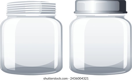 Two clear glass jars with metal lids, vector graphic