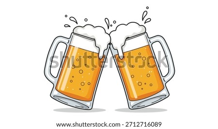 Two clear glass mugs filled with golden beer and overflowing with white foam are clinking together, creating a celebratory toast.