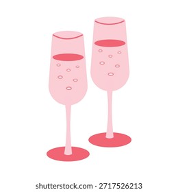 Two clear glasses with pink liquid sit close together on a flat surface. The scene shows a light background and a relaxed atmosphere.