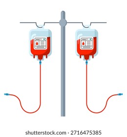 Two clear plastic bags filled with red liquid, labeled as blood, are suspended from a gray pole, connected by red tubes.