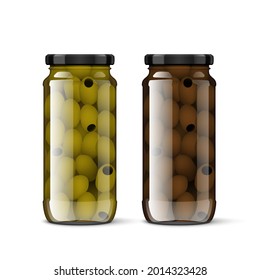 Two Clear Transparent Glass Jar Full Of Olives. EPS10 Vector