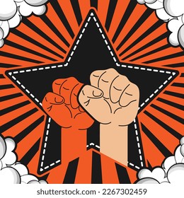 Two clenched fists against the background of a five-pointed star, diverging rays and clouds. Black-white-orange palette. Poster, icon. Vector illustration