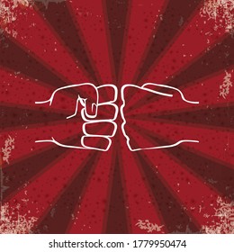 Two clenched fists bumping. Conflict, protest, brotherhood or clash concept vector illustration